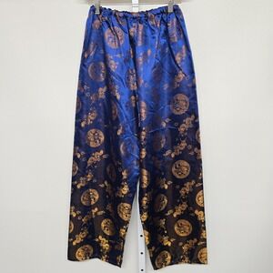 Vintage Blue Gold Dragon Print Satin Pajama Lounge Pants Women's S